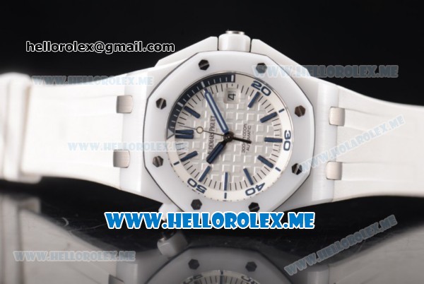 Audemars Piguet Royal Oak Offshore Diver Clone AP Calibre 3120 Automatic Ceramic Case with White Dial and White Rubber Strap Stick/Arabic Numeral Markers (BP) - Click Image to Close